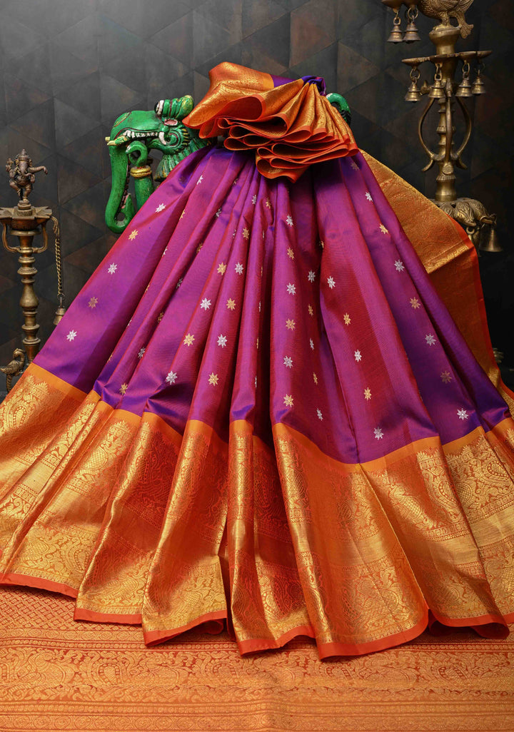 Purple Dual Tone Gadwal Silk Saree with Gold-Silver Buttas and Contrast Wide Zari Border | SILK MARK CERTIFIED