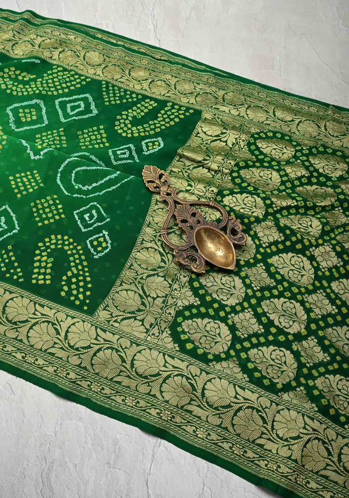 Authentic Ombre Georgette Saree in Green with Sarkam Bandhej and Zari Boder | SILK MARK CERTIFIED