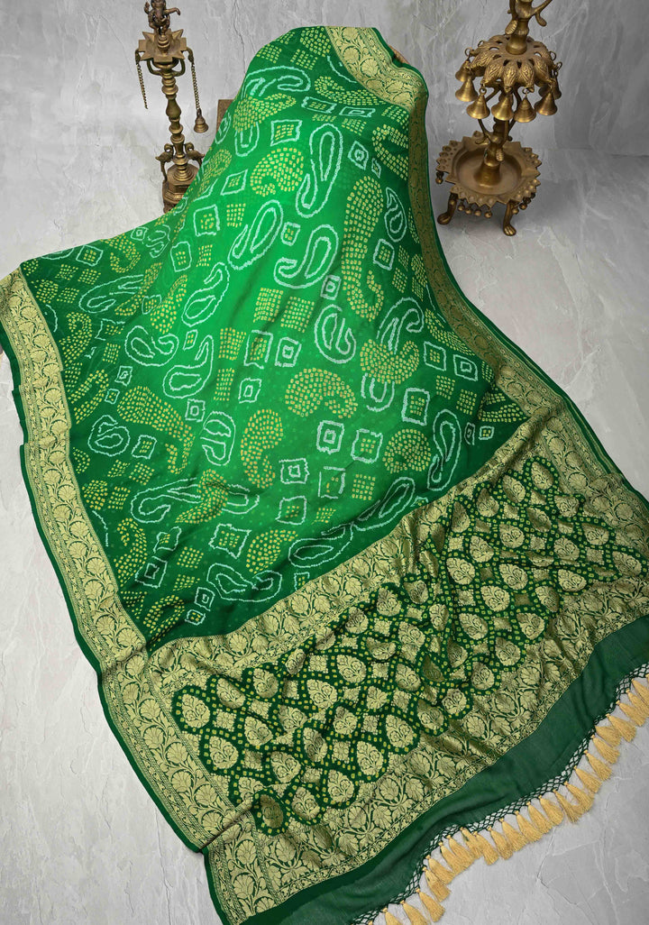 Authentic Ombre Georgette Saree in Green with Sarkam Bandhej and Zari Boder | SILK MARK CERTIFIED