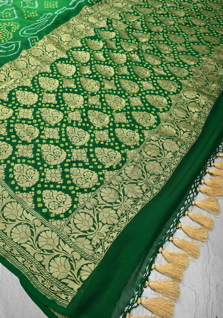 Authentic Ombre Georgette Saree in Green with Sarkam Bandhej and Zari Boder | SILK MARK CERTIFIED