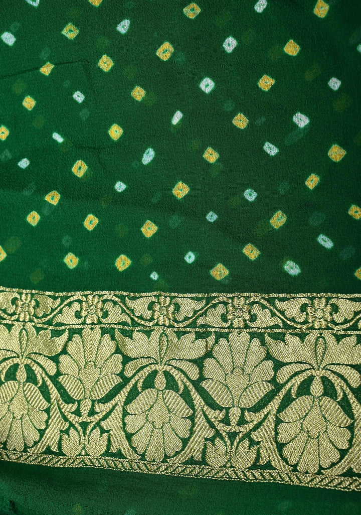 Authentic Ombre Georgette Saree in Green with Sarkam Bandhej and Zari Boder | SILK MARK CERTIFIED
