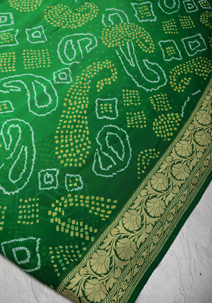 Authentic Ombre Georgette Saree in Green with Sarkam Bandhej and Zari Boder | SILK MARK CERTIFIED