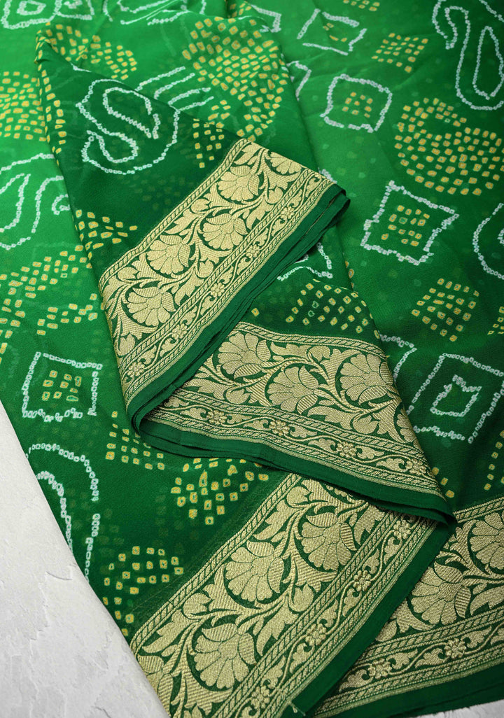Authentic Ombre Georgette Saree in Green with Sarkam Bandhej and Zari Boder | SILK MARK CERTIFIED