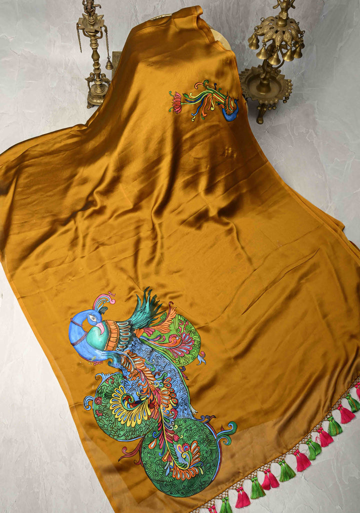 Ochre yellow on Shimmer Georgette Saree with Hand paint Peacock Motifs