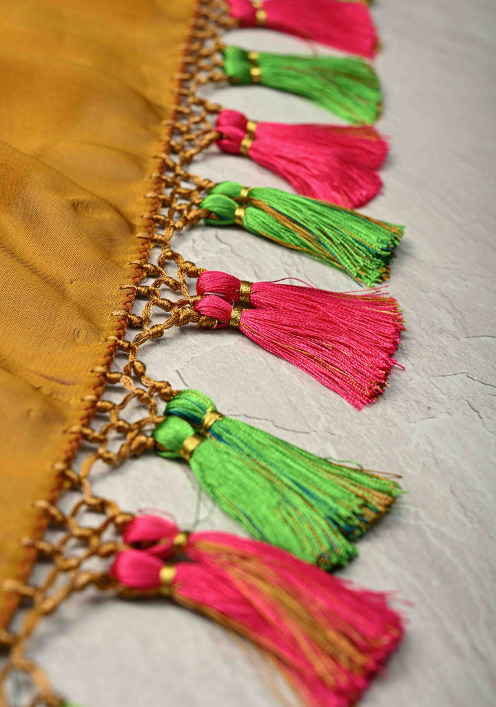 Ochre yellow on Shimmer Georgette Saree with Hand paint Peacock Motifs