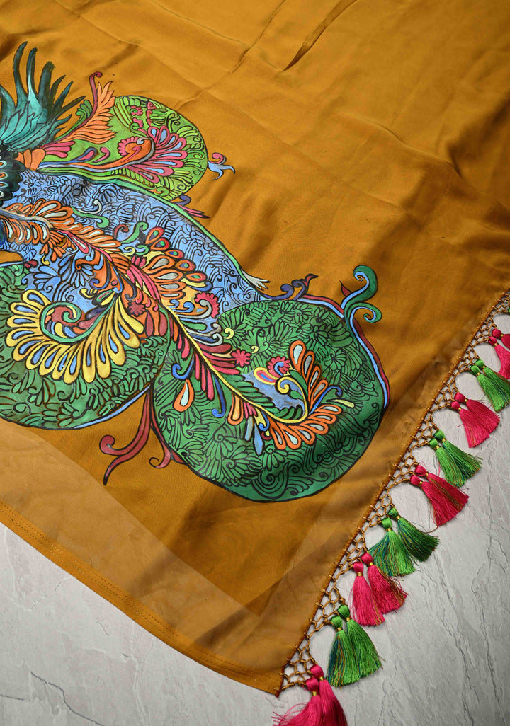 Ochre yellow on Shimmer Georgette Saree with Hand paint Peacock Motifs