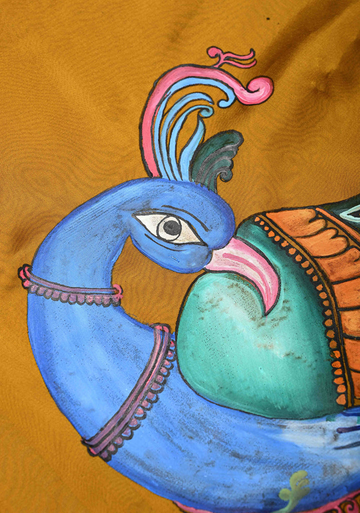 Ochre yellow on Shimmer Georgette Saree with Hand paint Peacock Motifs