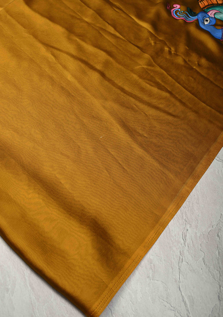 Ochre yellow on Shimmer Georgette Saree with Hand paint Peacock Motifs