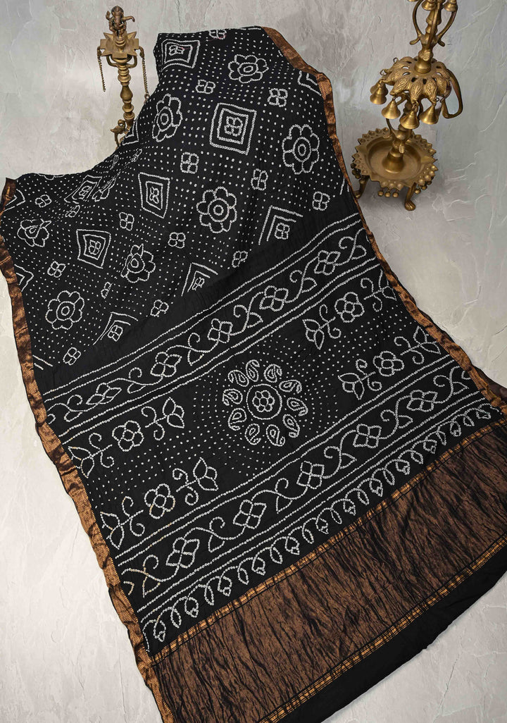 Black Bandhini Fusion Mangalagiri Cotton Saree with Minimal Zari Border