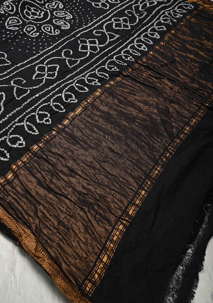 Black Bandhini Fusion Mangalagiri Cotton Saree with Minimal Zari Border