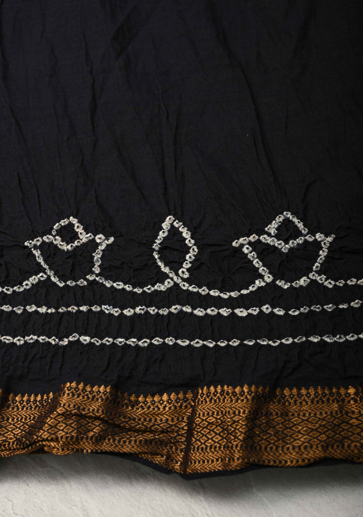 Black Bandhini Fusion Mangalagiri Cotton Saree with Minimal Zari Border