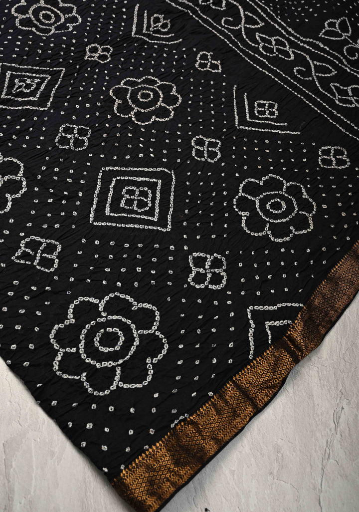 Black Bandhini Fusion Mangalagiri Cotton Saree with Minimal Zari Border