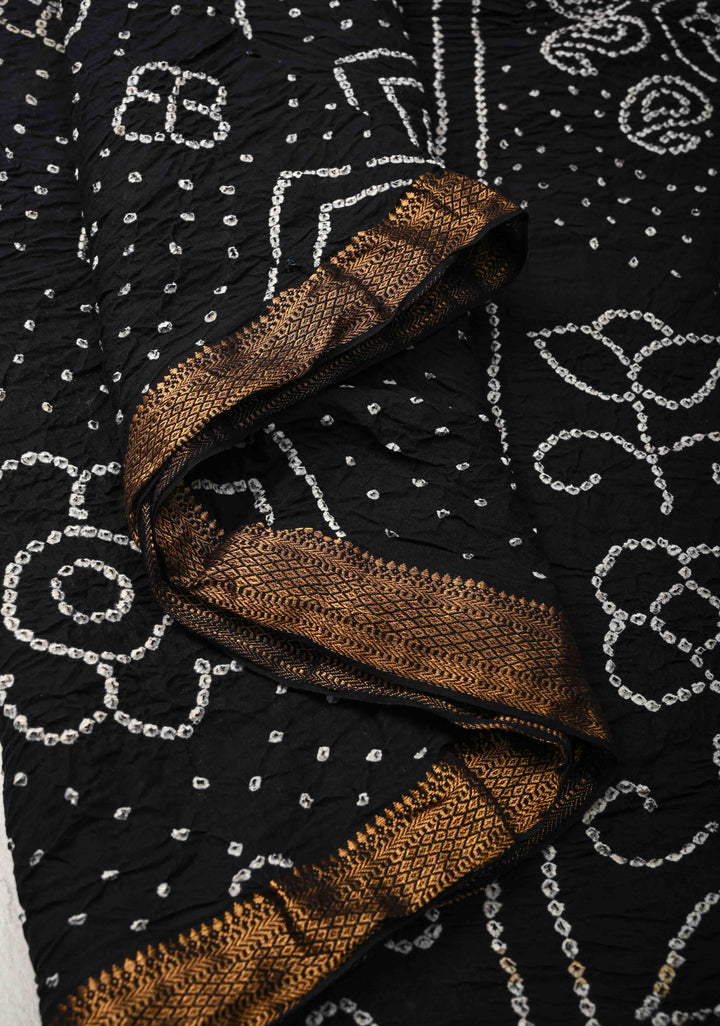 Black Bandhini Fusion Mangalagiri Cotton Saree with Minimal Zari Border