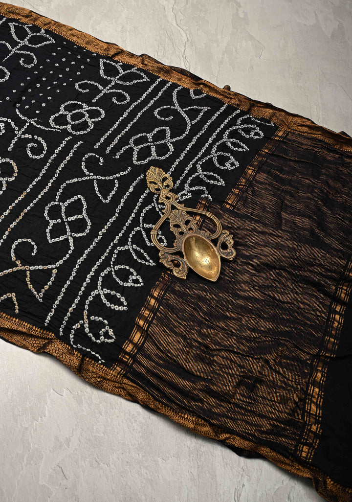 Black Bandhini Fusion Mangalagiri Cotton Saree with Minimal Zari Border