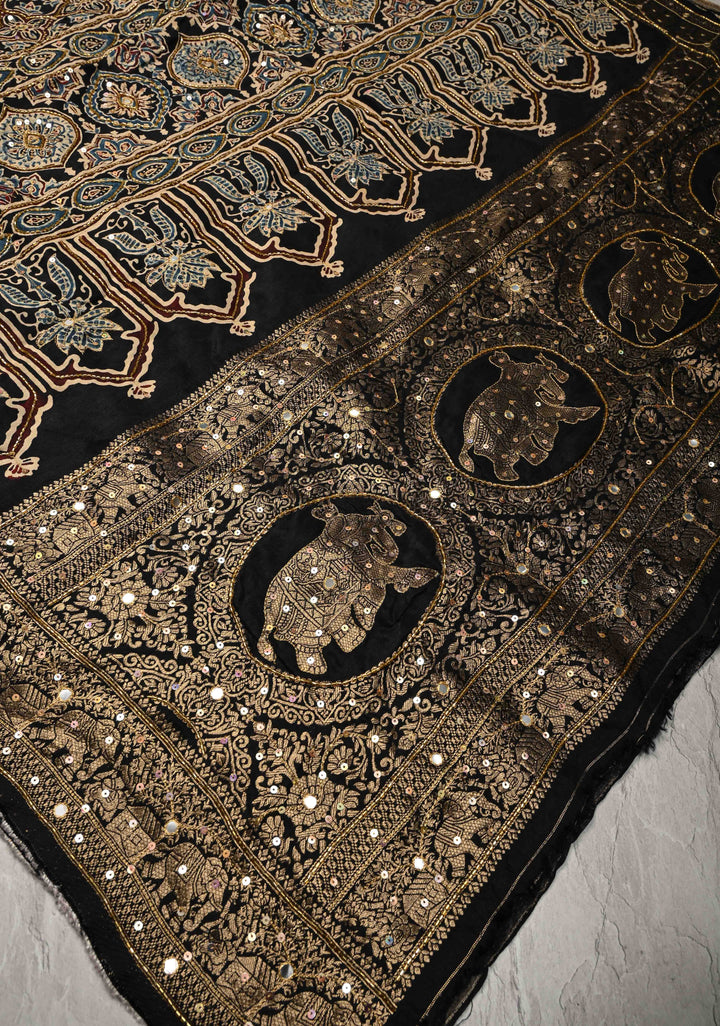 Black Ajrakh Hand Block Print on Dola Silk Saree with Cutdana, Sequins and Mirror Hand work