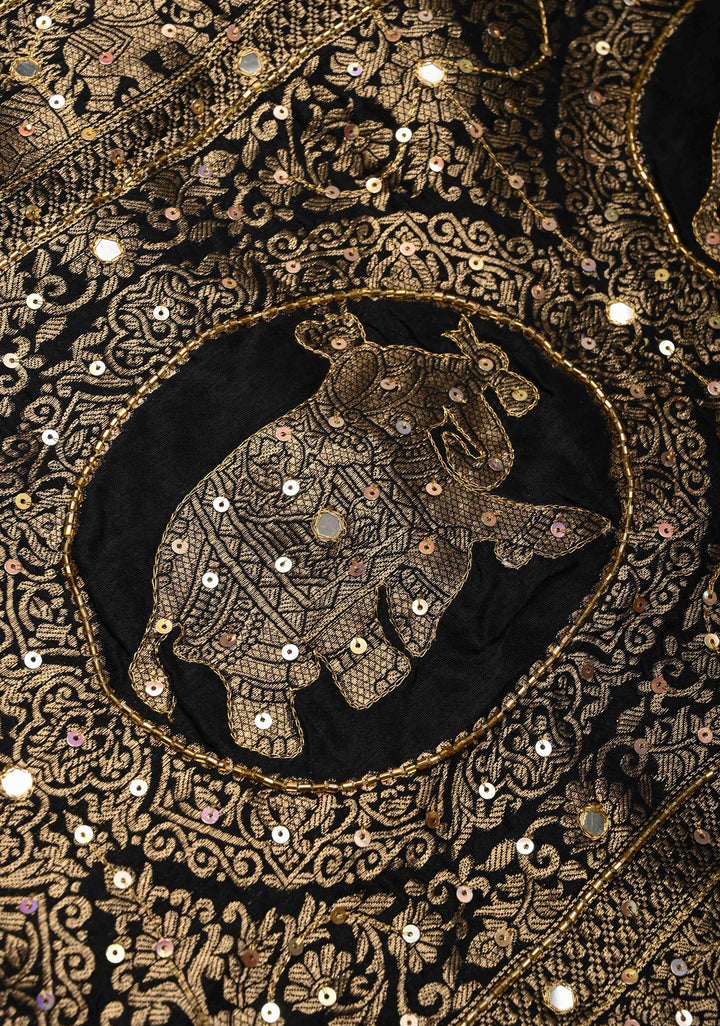 Black Ajrakh Hand Block Print on Dola Silk Saree with Cutdana, Sequins and Mirror Hand work