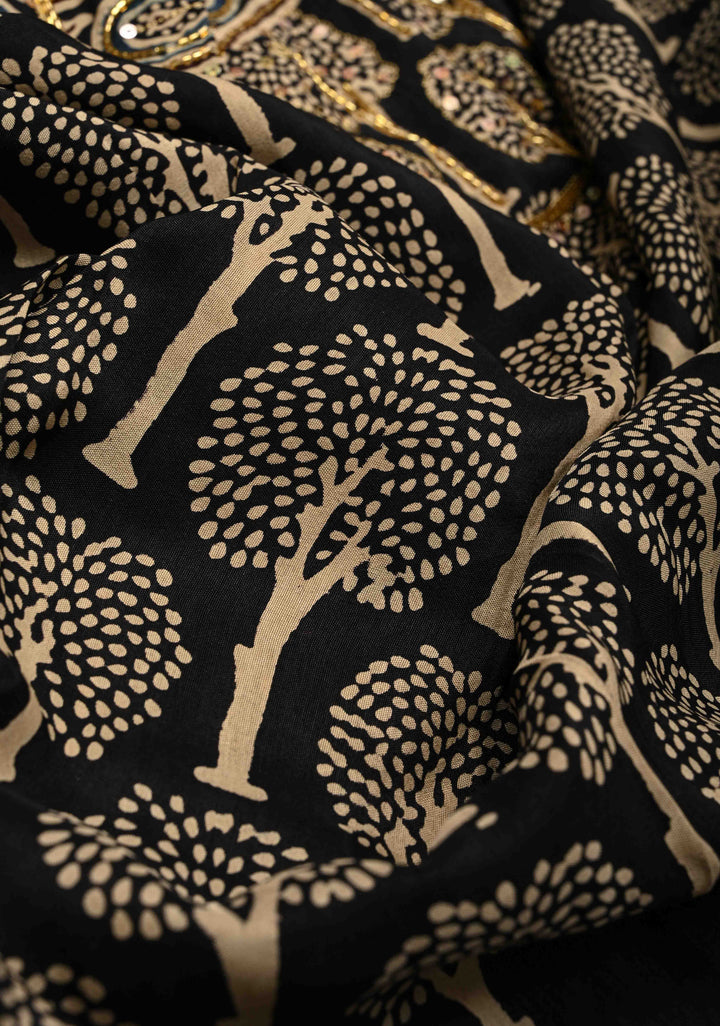 Black Ajrakh Hand Block Print on Dola Silk Saree with Cutdana, Sequins and Mirror Hand work