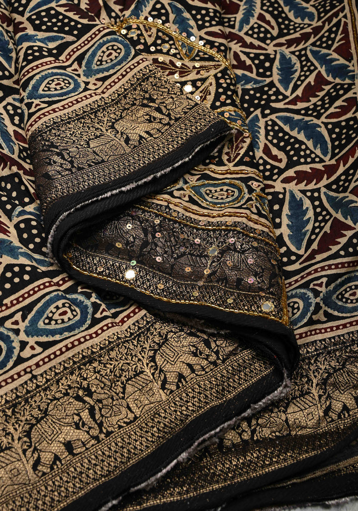 Black Ajrakh Hand Block Print on Dola Silk Saree with Cutdana, Sequins and Mirror Hand work