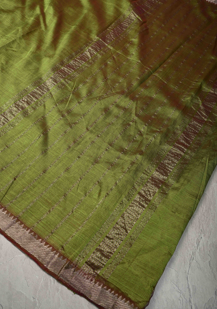 Mangalgiri Silk Cotton Saree in Henna Green-Pink Dual Tone with Zari Border