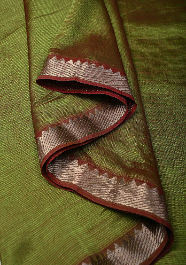 Mangalgiri Silk Cotton Saree in Henna Green-Pink Dual Tone with Zari Border