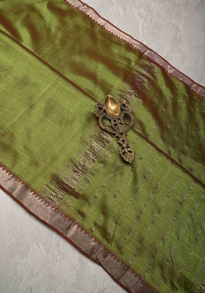 Mangalgiri Silk Cotton Saree in Henna Green-Pink Dual Tone with Zari Border