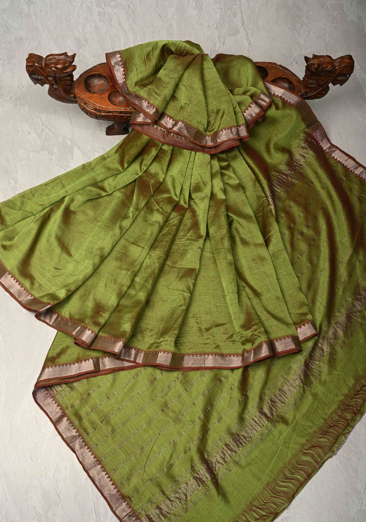 Mangalgiri Silk Cotton Saree in Henna Green-Pink Dual Tone with Zari Border