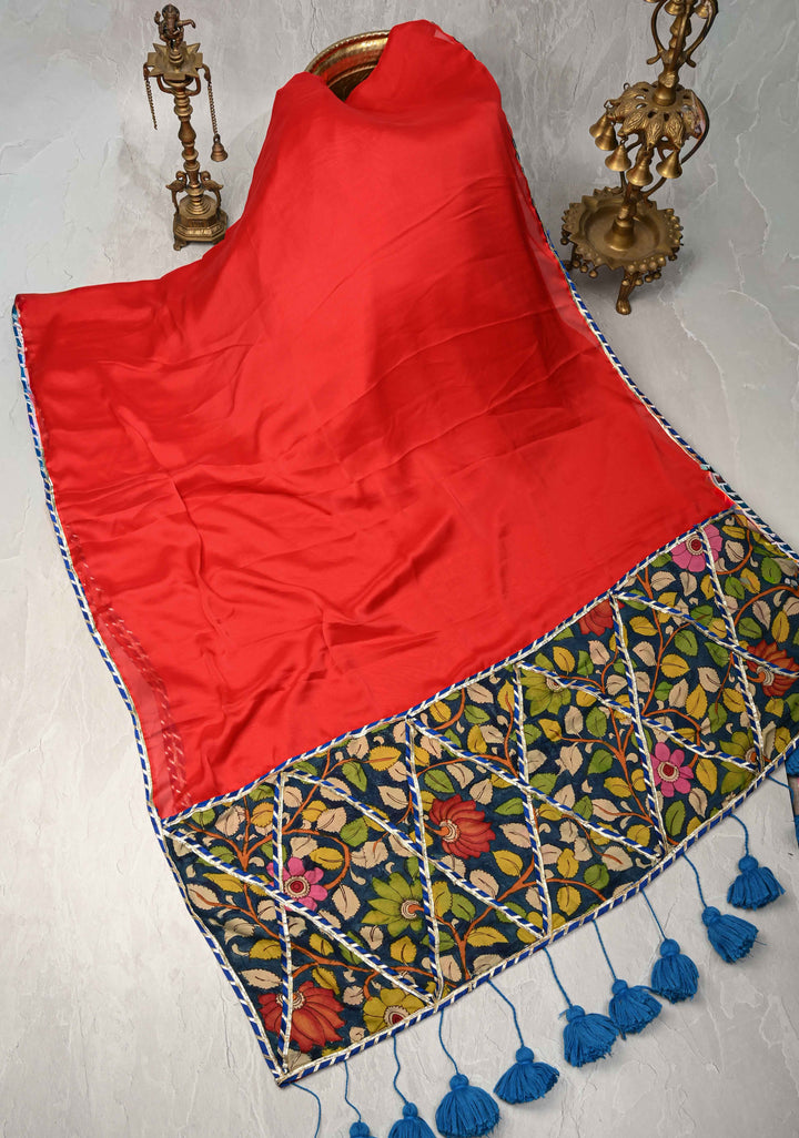Pre-Order Floral theme  : Red Authentic Pen Kalamkari on Pure Georgette Saree with Applique Kalamakari Pallu and Extra Long Tassels