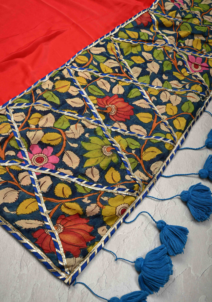 Pre-Order Floral theme  : Red Authentic Pen Kalamkari on Pure Georgette Saree with Applique Kalamakari Pallu and Extra Long Tassels