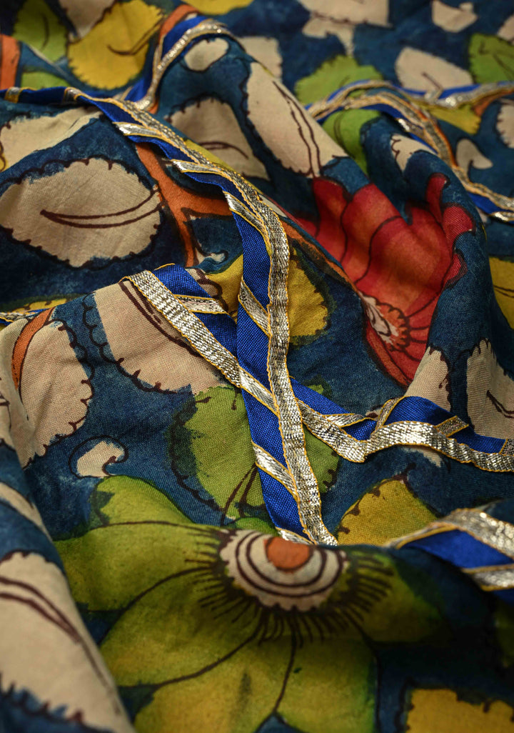 Pre-Order Floral theme  : Red Authentic Pen Kalamkari on Pure Georgette Saree with Applique Kalamakari Pallu and Extra Long Tassels