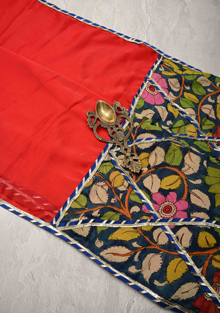 Pre-Order Floral theme  : Red Authentic Pen Kalamkari on Pure Georgette Saree with Applique Kalamakari Pallu and Extra Long Tassels