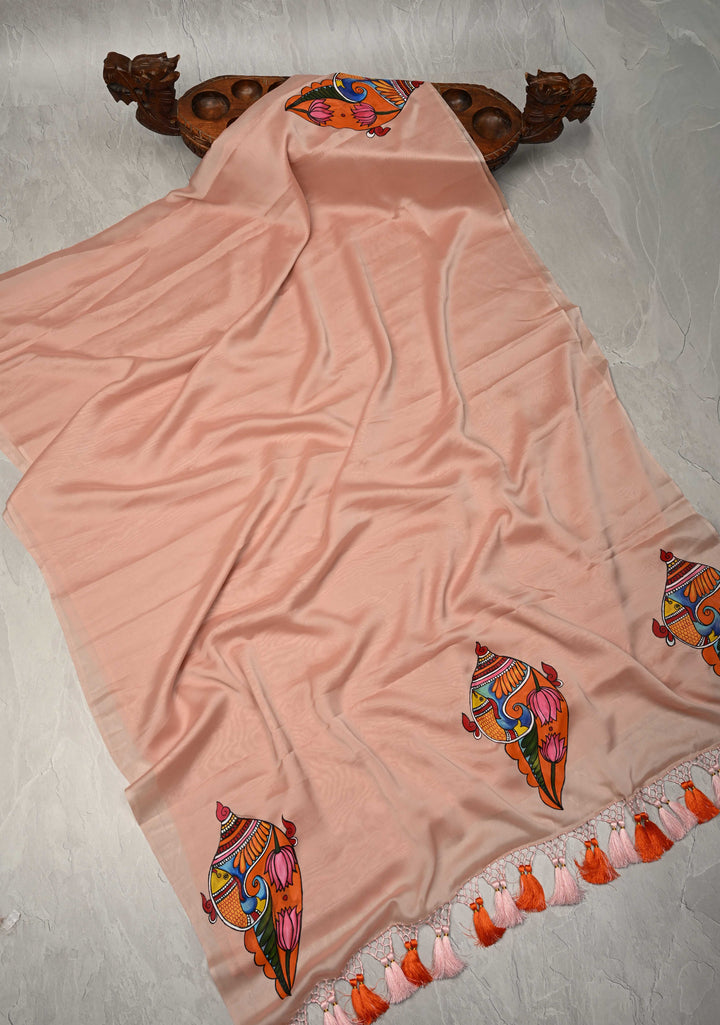Blush Pink Chiffon Saree with Conch Shell Hand Painted , No Blouse Piece