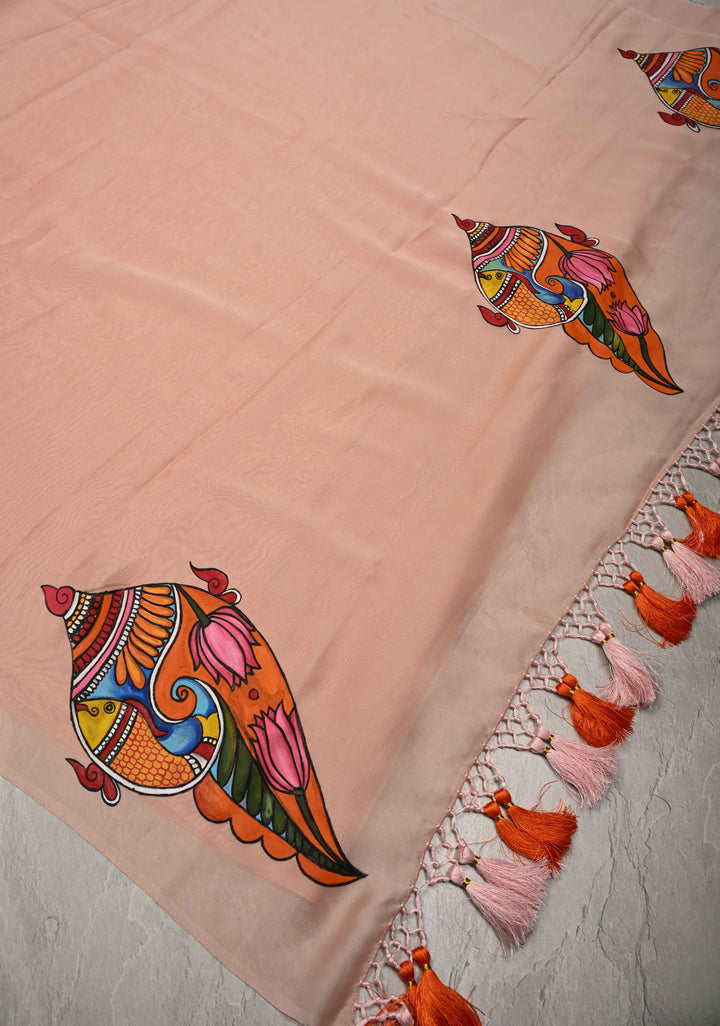 Blush Pink Chiffon Saree with Conch Shell Hand Painted , No Blouse Piece