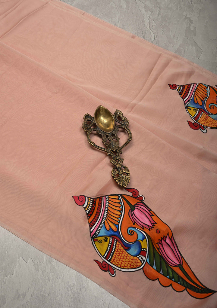 Blush Pink Chiffon Saree with Conch Shell Hand Painted , No Blouse Piece