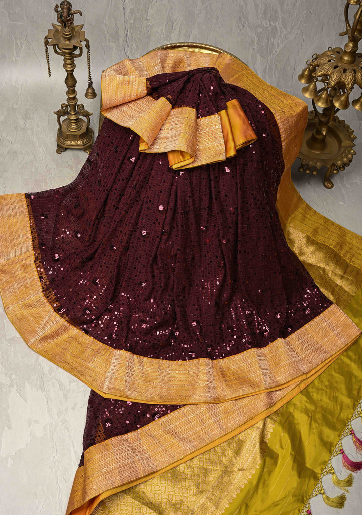 Kanchana tone on tone Sequin on Net Fusion Saree with Two Side Banarasi Pure Silk Border