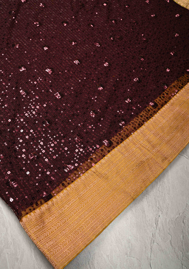 Kanchana tone on tone Sequin on Net Fusion Saree with Two Side Banarasi Pure Silk Border