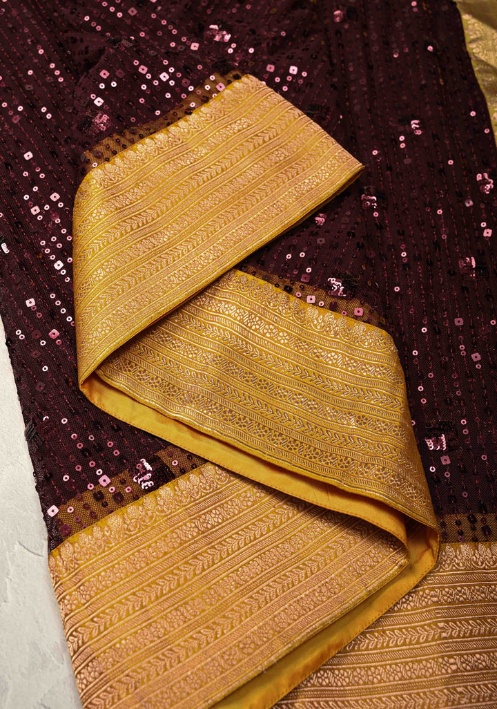 Kanchana tone on tone Sequin on Net Fusion Saree with Two Side Banarasi Pure Silk Border