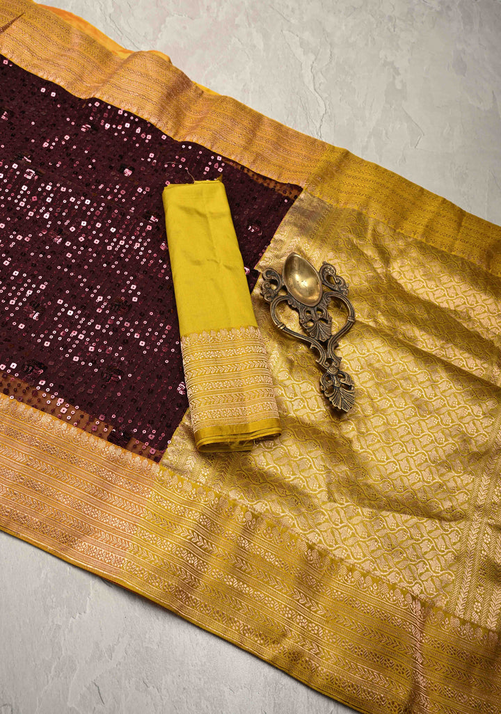 Kanchana tone on tone Sequin on Net Fusion Saree with Two Side Banarasi Pure Silk Border