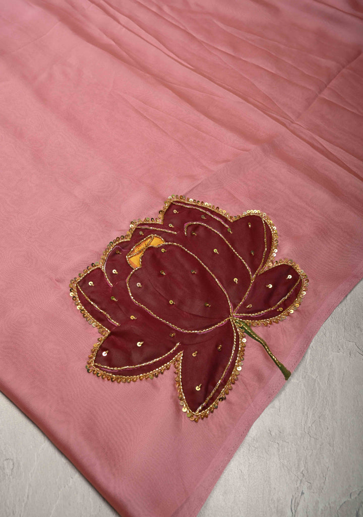 Dusty Rose Chiffon Saree with Lotus Hand Painted and Sequins-Cutdana Handwork , No Blouse Piece