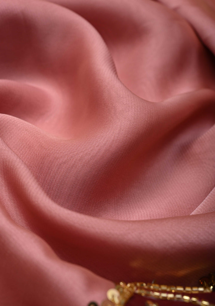 Dusty Rose Chiffon Saree with Lotus Hand Painted and Sequins-Cutdana Handwork , No Blouse Piece