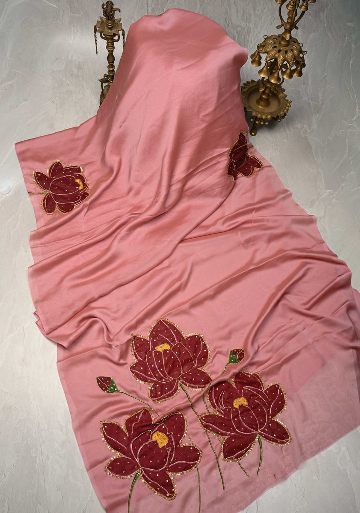 Dusty Rose Chiffon Saree with Lotus Hand Painted and Sequins-Cutdana Handwork , No Blouse Piece