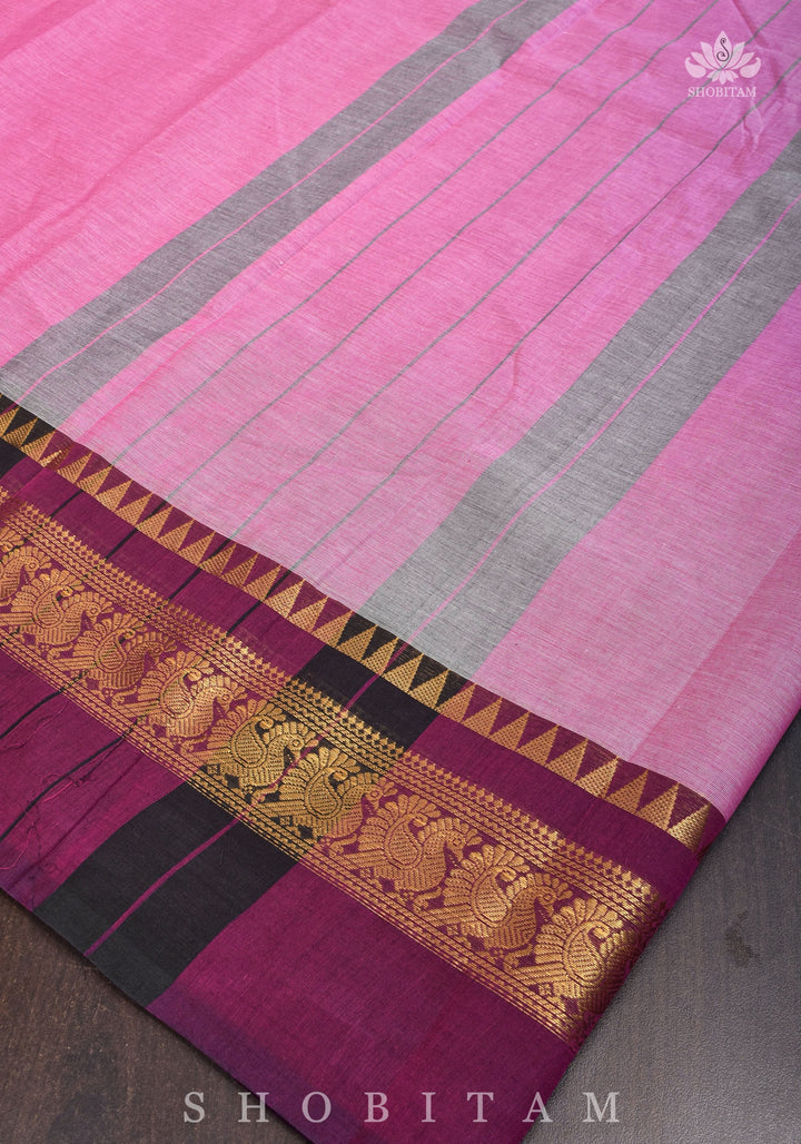 Kanchi Cotton Saree in Pink with Zari Borders, no Blouse piece