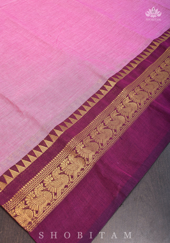 Kanchi Cotton Saree in Pink with Zari Borders, no Blouse piece