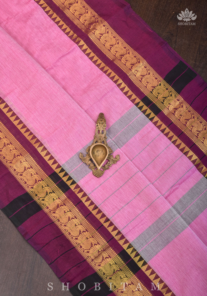 Kanchi Cotton Saree in Pink with Zari Borders, no Blouse piece