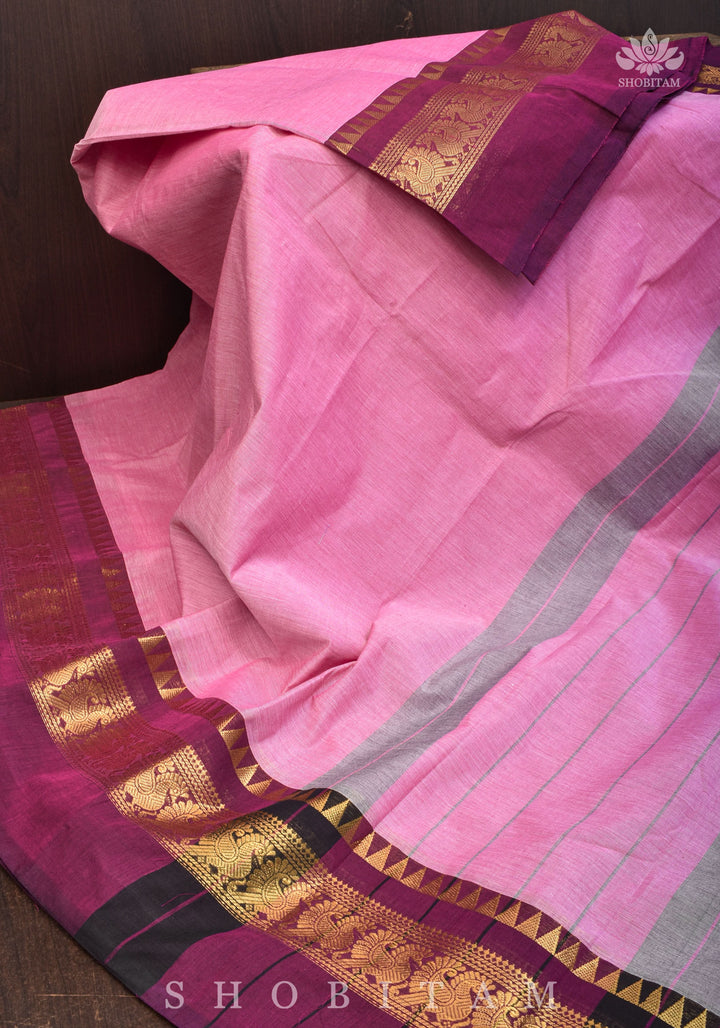 Kanchi Cotton Saree in Pink with Zari Borders, no Blouse piece