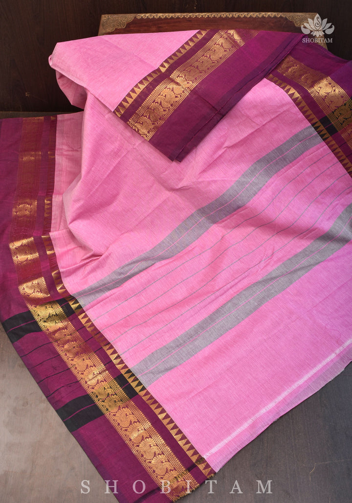 Kanchi Cotton Saree in Pink with Zari Borders, no Blouse piece