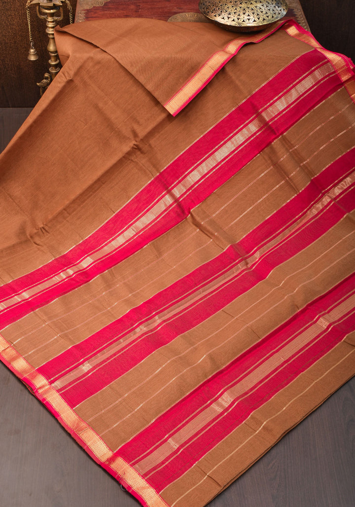 Handwoven Maheshwari Silk Cotton Saree in brown With Stripes & Minimal zari borders