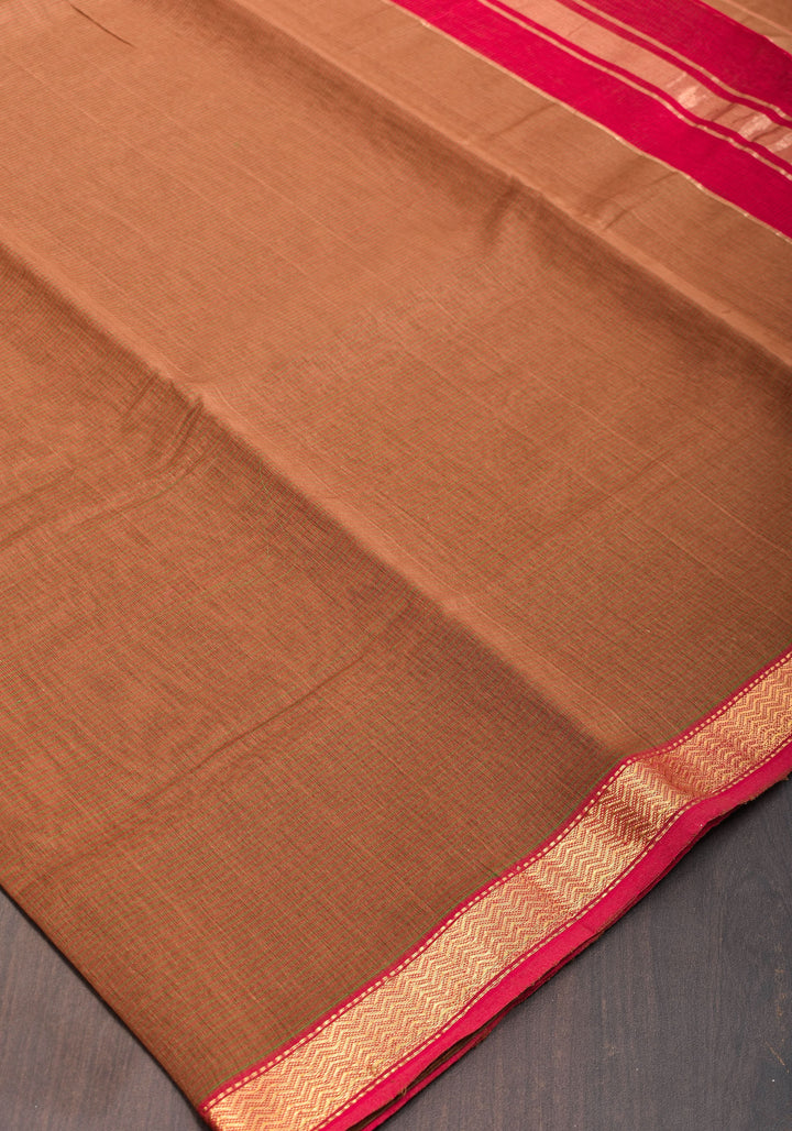 Handwoven Maheshwari Silk Cotton Saree in brown With Stripes & Minimal zari borders