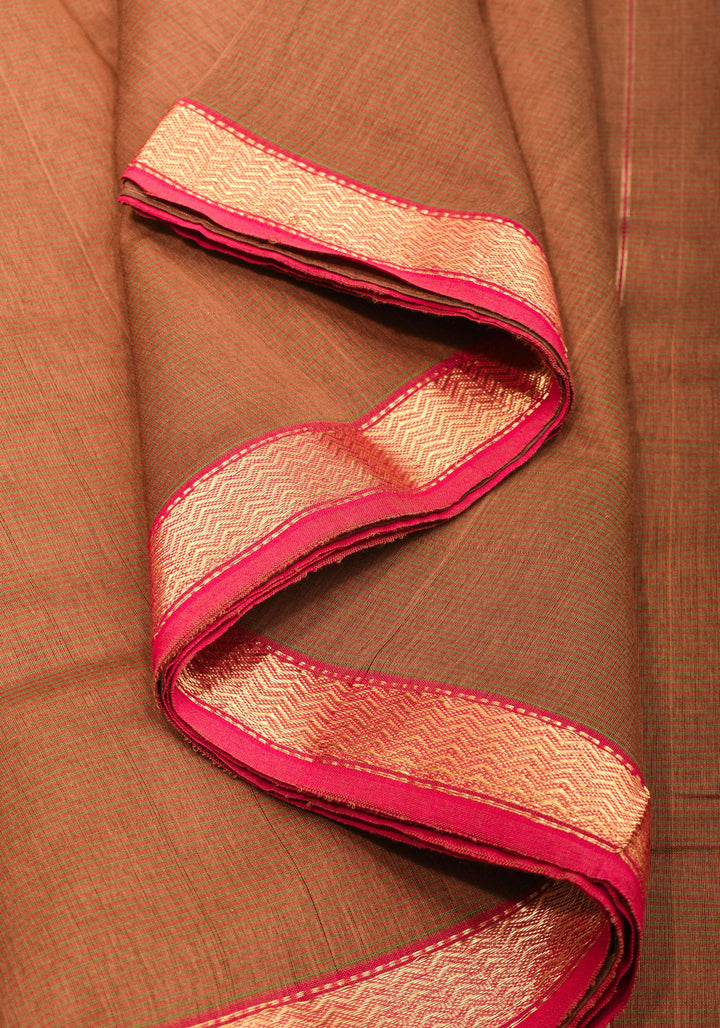 Handwoven Maheshwari Silk Cotton Saree in brown With Stripes & Minimal zari borders