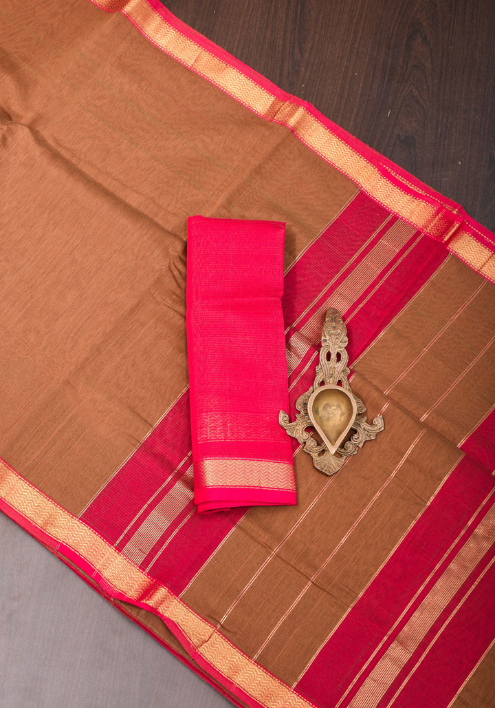 Handwoven Maheshwari Silk Cotton Saree in brown With Stripes & Minimal zari borders