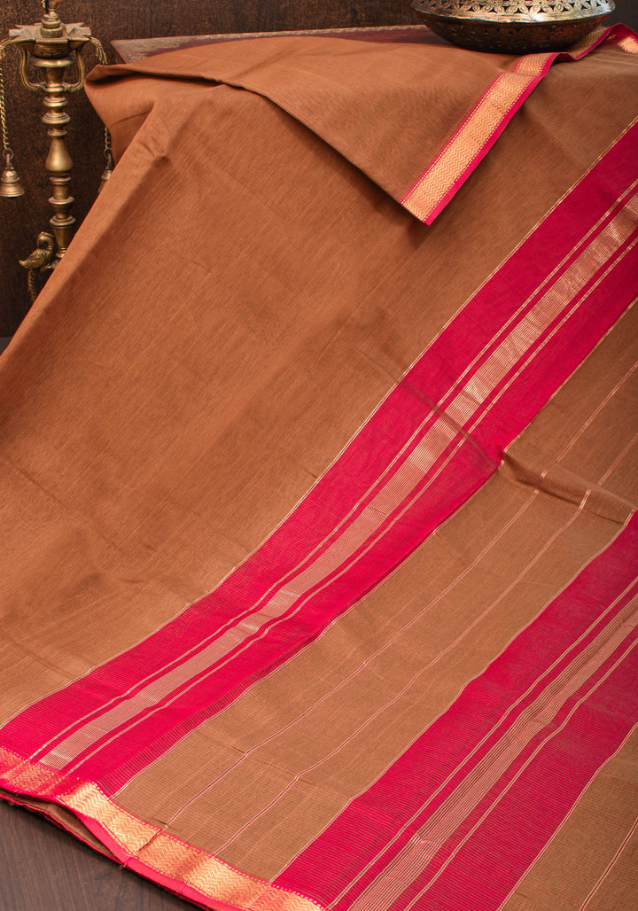 Handwoven Maheshwari Silk Cotton Saree in brown With Stripes & Minimal zari borders